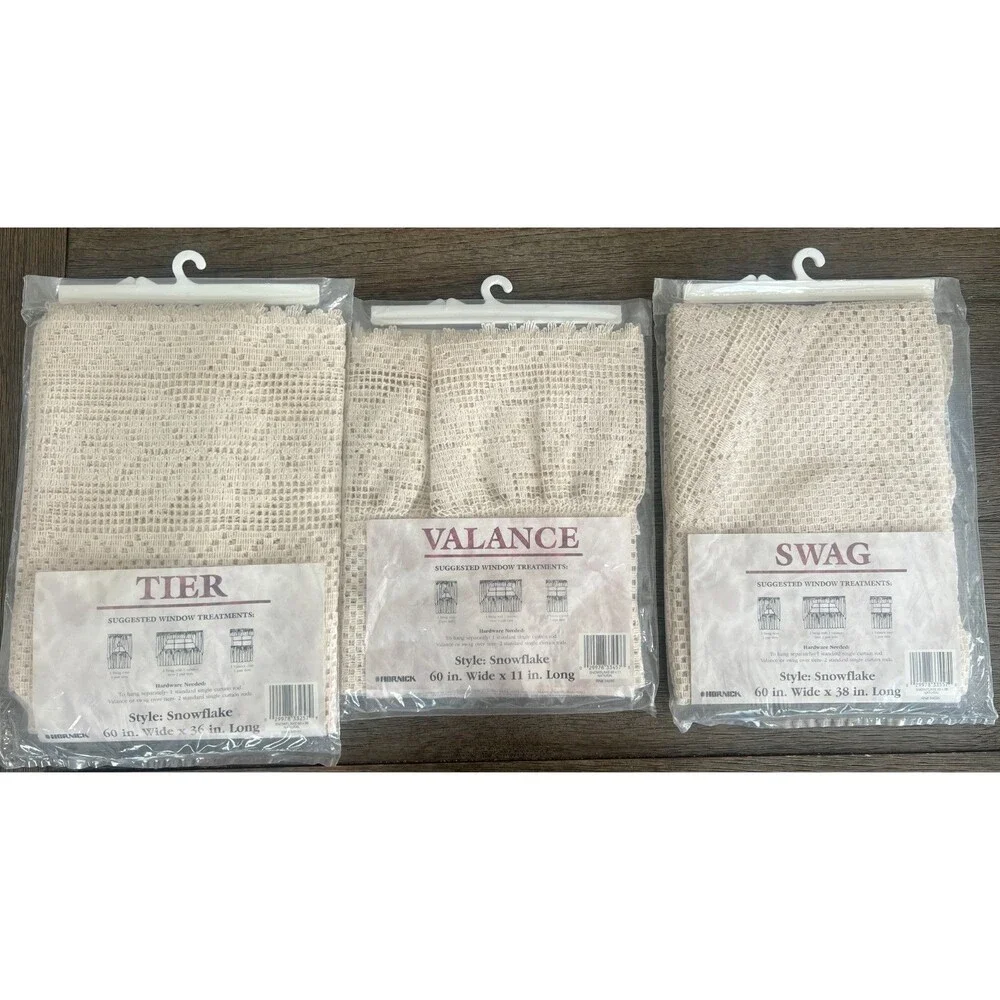 Vintage Lace Kitchen Curtain 3 Piece Set Snowflake Natural Ivory Grandmacore NOS